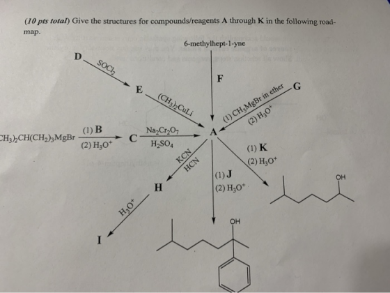 (10 pts total) Give the structures for compounds/reagents A through K in the following road- map. 6-methylhept-1-yne SOCI2 E