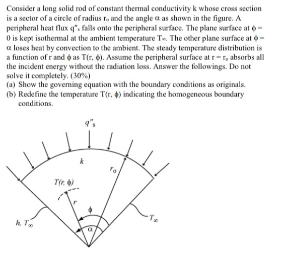 Consider a long solid rod of constant thermal conductivity k whose cross section is a sector of a circle of radius ro and the