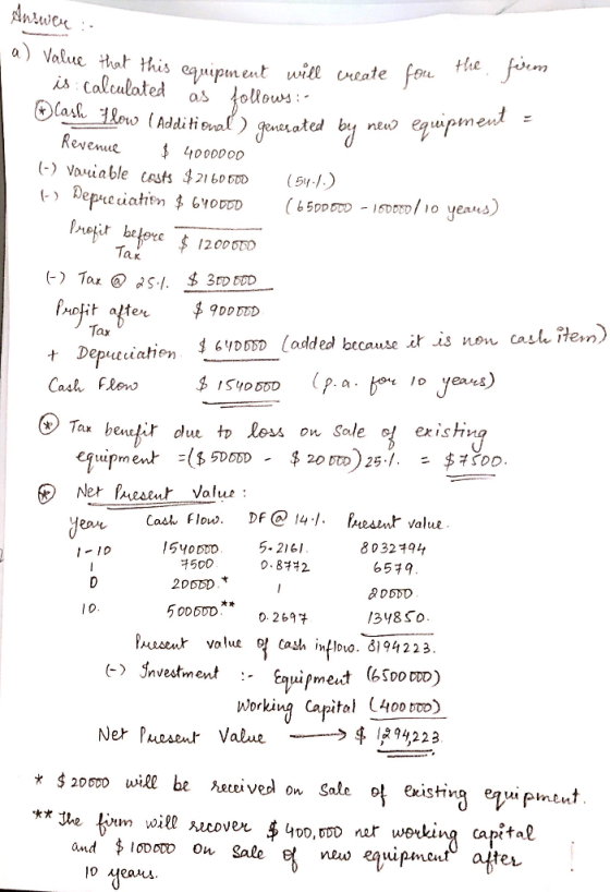 This equipment will cre dow (Additional) generated by new equipment = a) Value that this equipment ! is calculated as follows