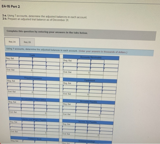 E4-16 Part 2 2-a. Using T-accounts, determine the adjusted balances in each account. 2b. Prepare an adjusted trial balance as