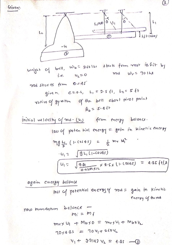 Given! L,000 L2 Tosicoso 0 yod weight of bell, Wb= 200lbs starts from rest iphit by lie. 4₂=0 Wrc 70 lby rod storts from 0:45