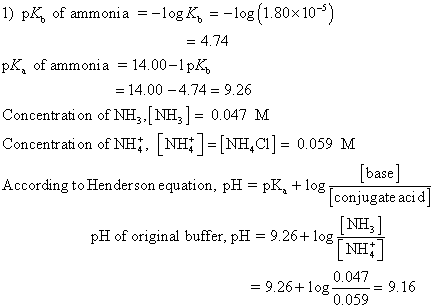 1) PK, of ammonia E-log k, = -log(1.80x10-) = 4.74 PK, of ammonia = 14.00-12K = 14.00 -4.74 = 9.26 Concentration of NH3,[NH]