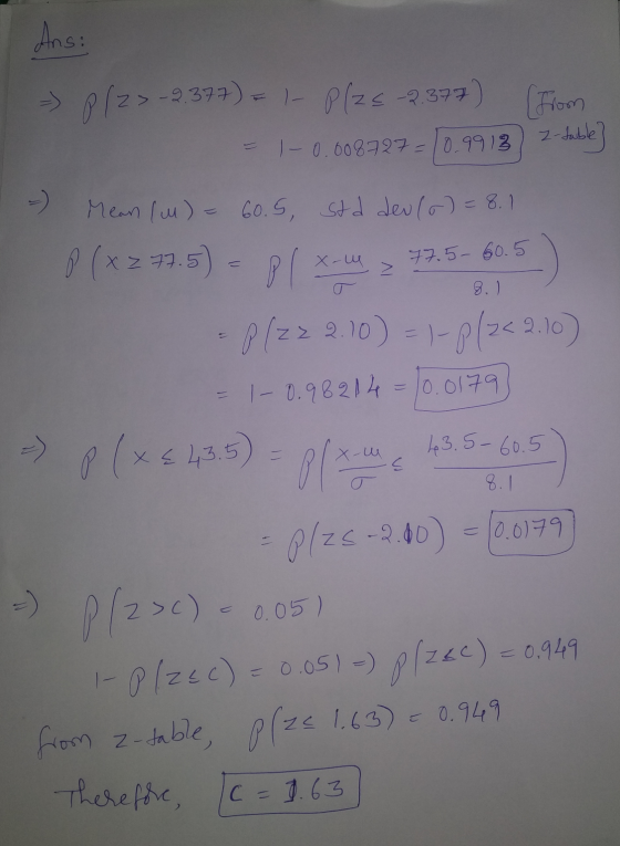 Ans: X-u 77.5-60.5 8.) -2.377) = 1- Plzs -2.377) (from 1-0.008727-10.9913 2-table] -- Mean (M) = 60.5, Std deu (o)= 8.1 9 (x2