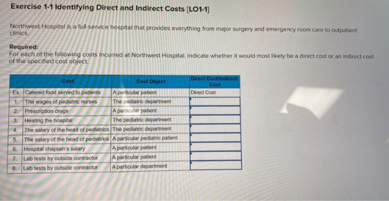 Exercise 1-1 Identifying Direct and Indirect Costs [LO1-1] Northwest Hospital is a full-service hospital that provides everyt