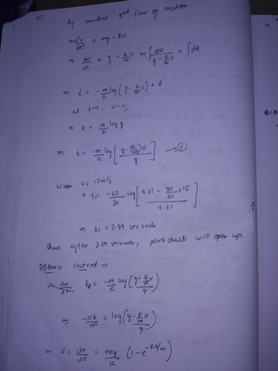 and Law of motion. By newtons deg hvn Law - Sht mtom log ( 7 v)+ at too, v=o; Arm 1099 os today 990] 0. When V= 15mls 9.81 T