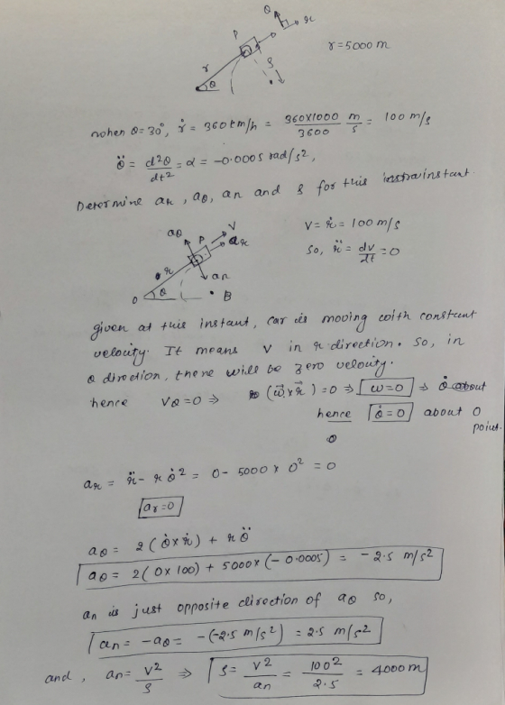 Hoe 7 =5000 m dt2 when a=30, 8 = 360km/h = 360x1000 m - 100 m/s ö = d20=2= -0.000s rad/32, Determine au, ao, an and & for thi