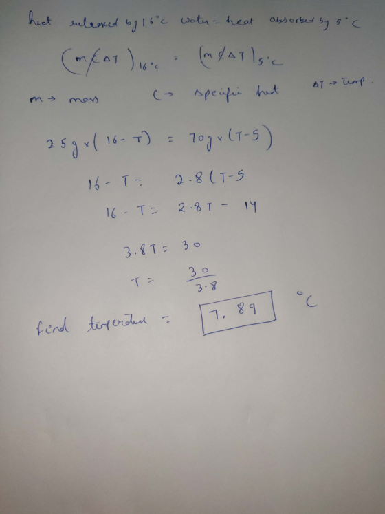 AT Tump. heat exleased by 16°c water - heat absorbed by soc (EAT ) love (mATlsic m mass ( specifie het 259x(16-7) = 70% v (T-