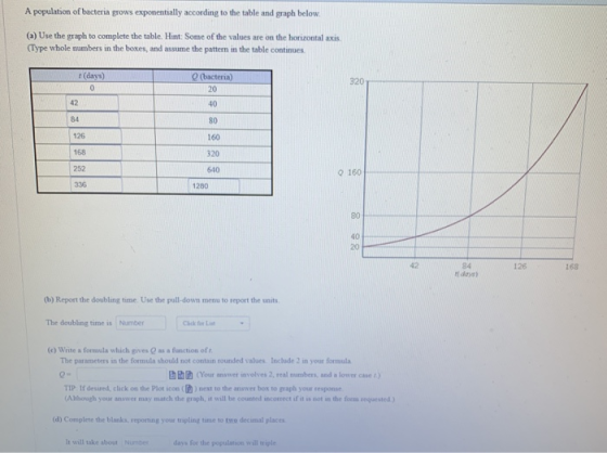 A population of bacteria grows exponentially according to the table and graph below (a) Use the graph to complete the table. Hint: Some of the values are on the horizontal axis Type whole numbers in the boxes, and assume the pattern in the table continues t (days) Q (bacteria) 320 42 84 126 168 252 20 40 80 160 320 640 0 160 1280 80 40 20 42 84 126 168 (b) Report the doubling time. Use the pull-down menu to report the units The doubling time is Number Click for Lis (e) Write a formula which gives @as a function of t The parameters in the formula should not contain rounded values Include 2 in your formula BB(Your answer involves 2, real numbers, and a lower case t) TIP If desired, click on the Plot icon ) nest to the anawer box to graph your response Although your answer may match the graph, it will be counted incorrect if it is not in the form requested ) (d) Complete the blanks, reporting your tripling time to tno decimal places It will take abost Numer days for the population will triple