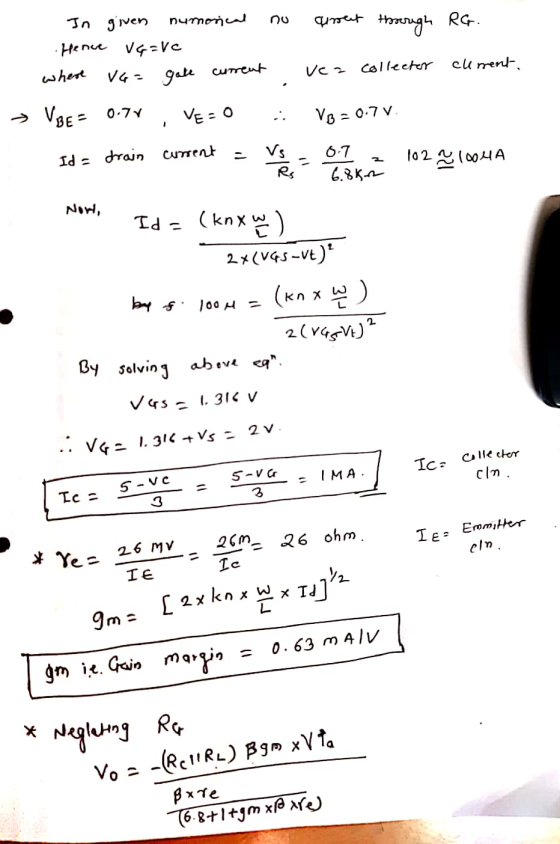 In given numorical no qrosent toough RG. Hence ve=ve where VG = gate current vea collector allment. > VBE = 0.74 , Ve=0 · Vp