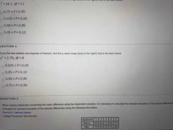 2 = 34.7, df = 21 0.75 <P<0.90 0.025 <P<0.05 0.90 < P<0.95 О 0.05<P<0.10 UESTIONS Given the test statistic and degrees of fre