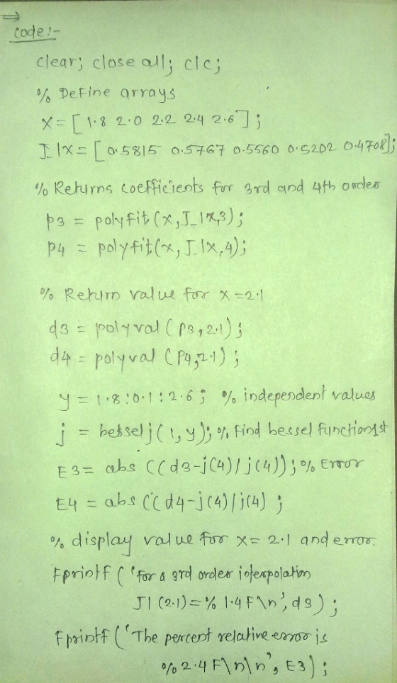 tode !- clear; close olli clc; % Define arrays X8 2.0 2.2 24 2.6 ] I. IXt [o. 58 15 0.5767 0.5560 05202-0470 % Relu rns coeff