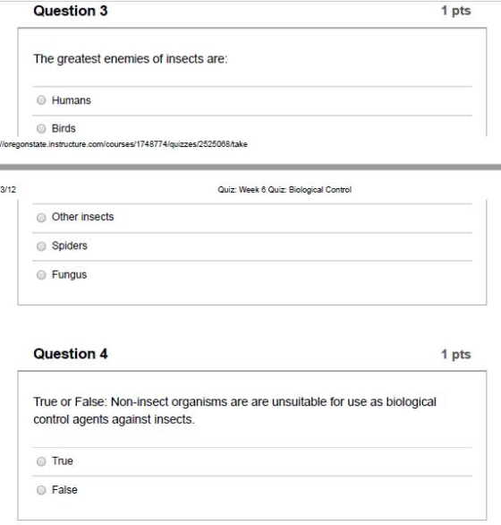 Question 3 1 pts The greatest enemies of insects are: Humans Birds Woregonstate.instructure.com/courses/1748774/quizzes/25250