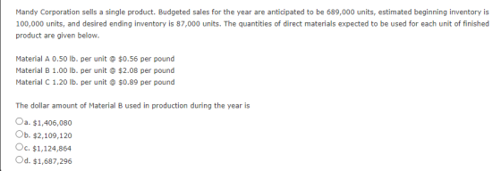 Mandy Corporation sells a single product. Budgeted sales for the year are anticipated to be 689,000 units, estimated beginnin