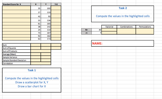 Standard Score for X х Y Y-X 35 102 Task 2 27 133 42 92 Compute the values in the highlighted cells 55 61 136 165 142 110 167