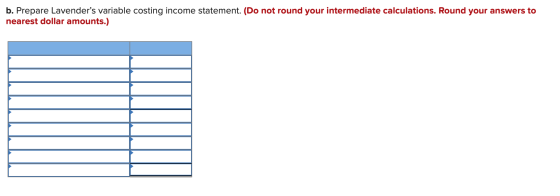 b. Prepare Lavenders variable costing income statement. (Do not round your intermediate calculations. Round your answers to