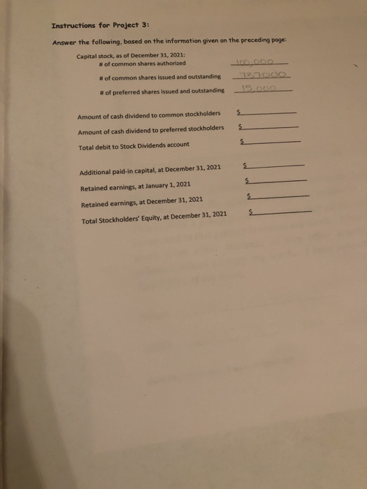 Instructions for Project 3: Answer the following, based on the information given on the preceding page: Capital stock, as of