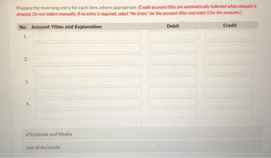 Prepare the reversing entry for each item, where appropriate. (Credit account titles are automatically indented when amount i