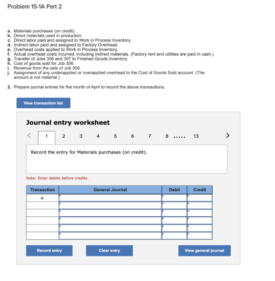Problem 15-1A Part 2 a. Materials purchases (on credit). b. Direct materials used in production. c. Direct labor paid and ass