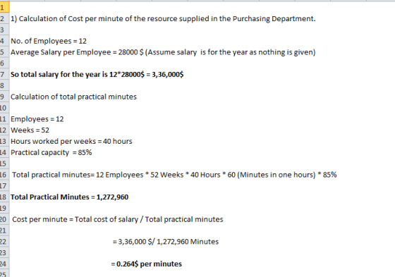 1 21) Calculation of Cost per minute of the resource supplied in the Purchasing Department. 3 4 No. of Employees = 12 5 Avera