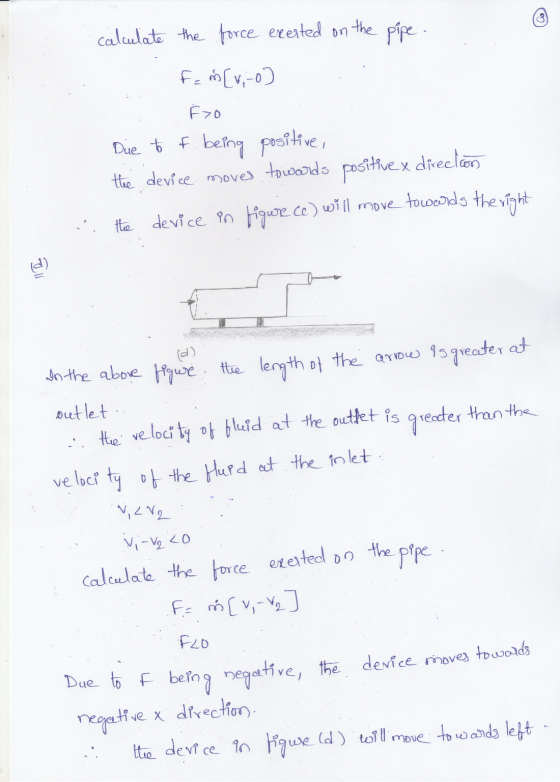 calculate the force exerted on the pipe. F = m [vi-o) FO Due to f being positive, the device moves towards positive x direc.c