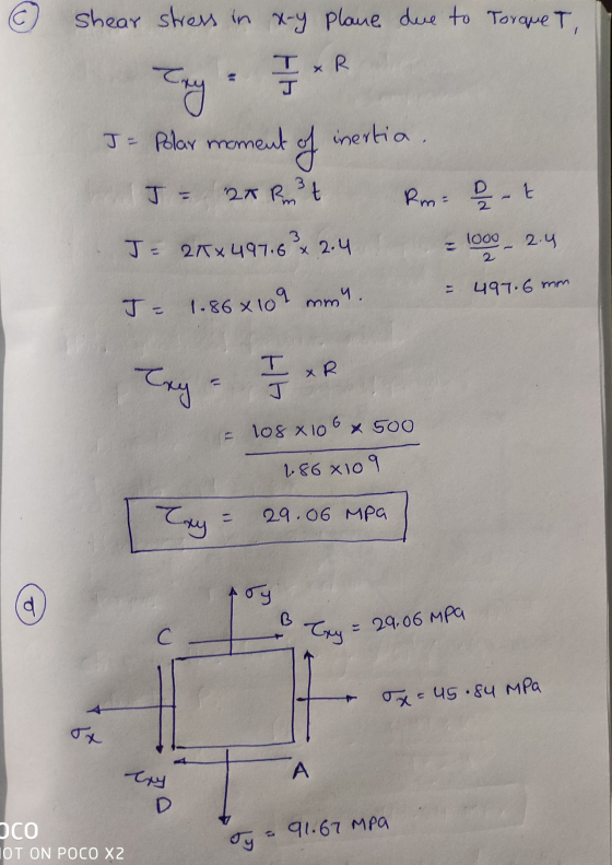 C Shear stress in xy plane due to Torque T, T- x R Try J= Polar moment inertia. JE 2X R3t Rm 2 - t 3 1000 2 2.4 JF 2Rx 497.6