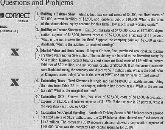 Questions and Problems connect / 1. Building a Balance Sheet Alesha, Inc., has current assets of $4,300, net fixed assets of