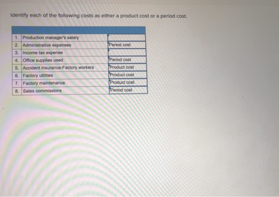 Identify each of the following costs as either a product cost or a period cost. Period cost 1. Production managers salary 2.