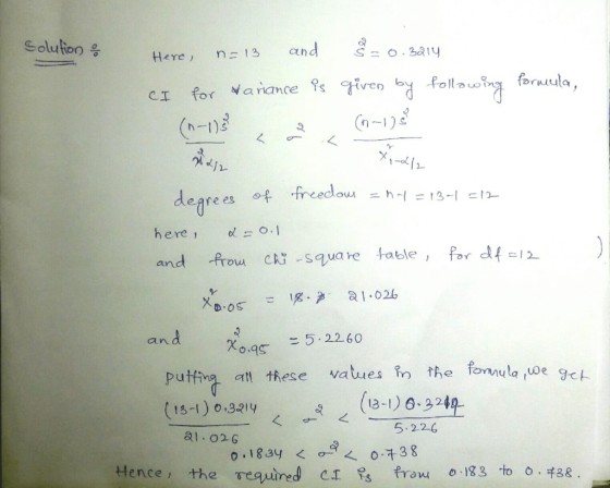 Solution 응 Here , n for Varance %, ativen bd follauon pruula , ㄙ 戒 o. here , -Rrou cht-square table , for df 12 and χ0.95 5.2