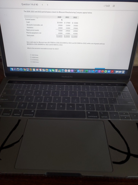Question 14 of 40 -/5.63 E The 2020 2021 and 2022 partial balance sheets for Blossom Manufacturing Company appear below. 2020