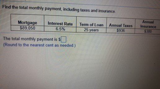 Find the total monthly payment, including taxes and insurance. Mortgage $89,050 Interest Rate 6.5% Term of Loan 25 years Annu