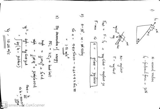 Nnormal reaction fr - friebional force = UN »N Ne malosco mocos F= ma Since a = Fnet - F- for = mg sino - mgloso.se E-ma so j