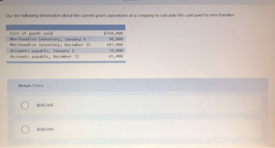 Use the following information about the current years operations of a company to calculate the cash paid for merchandise. Co