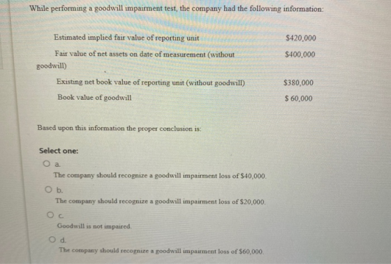 While performing a goodwill impairment test, the company had the following information: Estimated implied fair value of repor