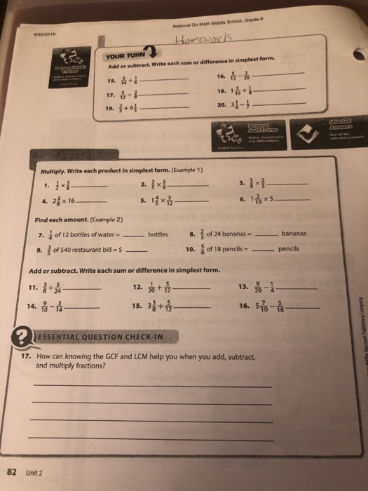 National Go Math Middle School, Grade-6 sa0/2019 Horcworls YOUR TURN Add or subtract. Write each sum or difference in simples