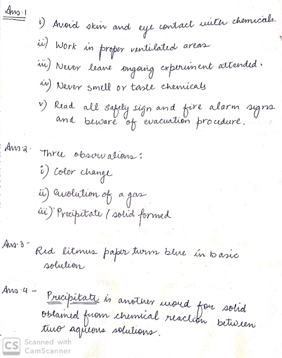Experiment 7 Types Of Chemical Reactions 49 QUESTIONS PRE LAB 1 List Three Specific Safety 