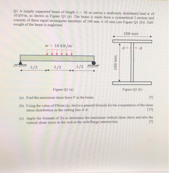 QI A simply supported beam of length L = 10 m carries a uniformly distributed load w of 10 kN/m, as shown in Figure QI (a). T