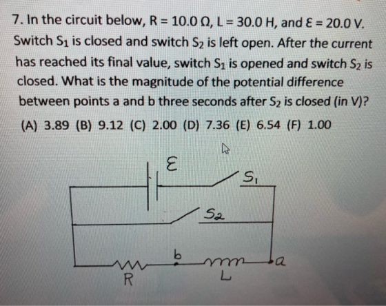 7. In the circuit below, R = 10.0 0, L = 30.0 H, and € = 20.0 V. Switch Si is closed and switch Sz is left open. After the cu