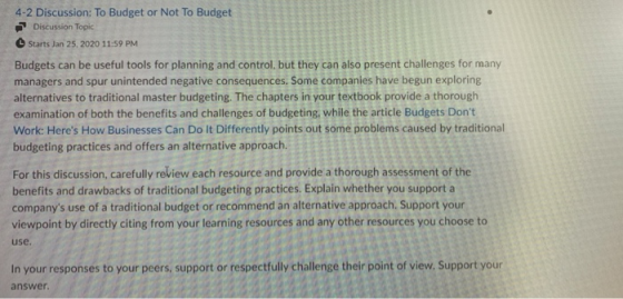 4-2 Discussion: To Budget or Not To Budget P Discussion Topic O Starts Jan 25, 2020 11:59 PM Budgets can be useful tools for