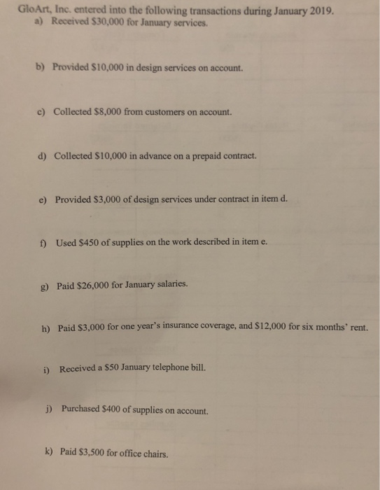 GloArt, Inc. entered into the following transactions during January 2019 a) Received $30,000 for January services b) Provided $10,000 in design services on account. c) Collected $8,000 from customers on account. d) Collected $10,000 in advance on a prepaid contract. e) Provided S3,000 of design services under contract in item d. t) Used $450 of supplies on the work described in item e. g) Paid $26,000 for January salaries. h) Paid S3,000 for one years insurance coverage, and S12,000 for six months rent. i) Received a $50 January telephone bill. j) Purchased $400 of supplies on account. k) Paid $3,500 for office chairs.