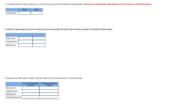 3. Calculate Harbours gross margin per unit for each product under the traditional costing system. (Round your intermediate