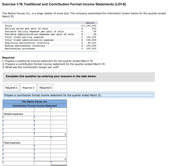 Exercise 1-15 Traditional and Contribution Format Income Statements (LO1-6] The Alpine House, Inc., is a large retailer of sn