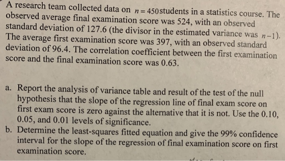 A research team collected data on n= 450 students in a statistics course. The observed average final examination score was 52
