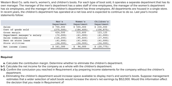Western Boot Co. sells mens, womens, and childrens boots. For each type of boot sold, it operates a separate department th