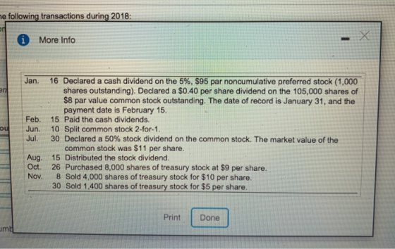 me following transactions during 2018: More Info Jan. Feb. Jun. Jul. 16 Declared a cash dividend on the 5%, $95 par noncumula