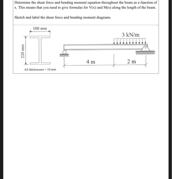Determine the shear force and bending moment equation throughout the beam as a function of x. This means that you need to giv
