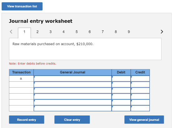 View transaction list Journal entry worksheet 1 2 3 4 5 6 7 8 9 Raw materials purchased on account, $210,000. Note: Enter deb