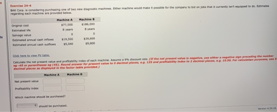 Exercise 24-4 BAK Corp. is considering purchasing one of two new diagnostic machines. Either machine would make it possible f