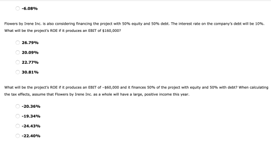 -6.08% Flowers by Irene Inc. is also considering financing the project with 50% equity and 50% debt. The interest rate on the