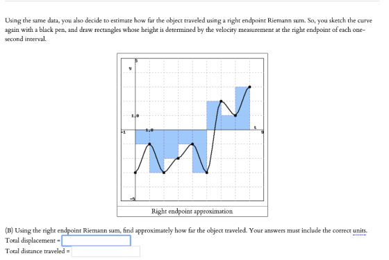 Using the same data, you also decide to estimate how far the object traveled using a right endpoint Riemann sum. So, you sket