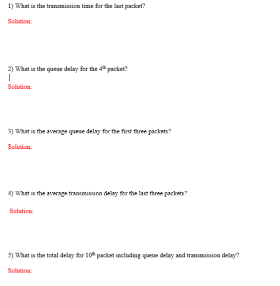 1) What is the transmission time for the last packet? Solution: 2) What is the queue delay for the 4th packet? — Solution: 3)